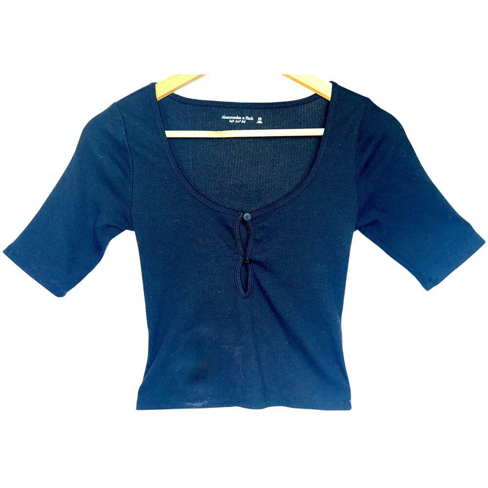 Abercrombie & Fitch Soft AF Black Ribbed Knit Keyhole Short Sleeve Blouse Sz XS